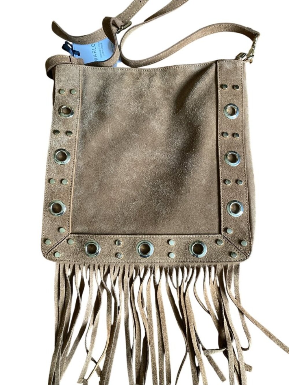 Marlon Firenze Suede Leather Fringe Crossbody Bag Studded Grommet Italy Boho NWT